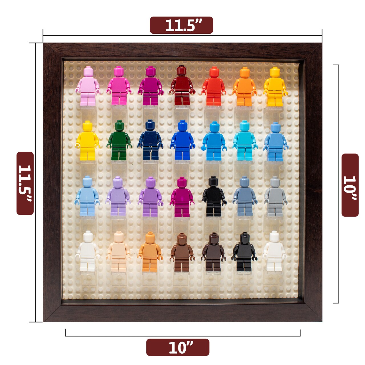 12x12 Wood Shadow Box Display Case Frame for Block Figures | Holds up to 28 Figurines - Display Brackets Included | UV Acrylic and White Base